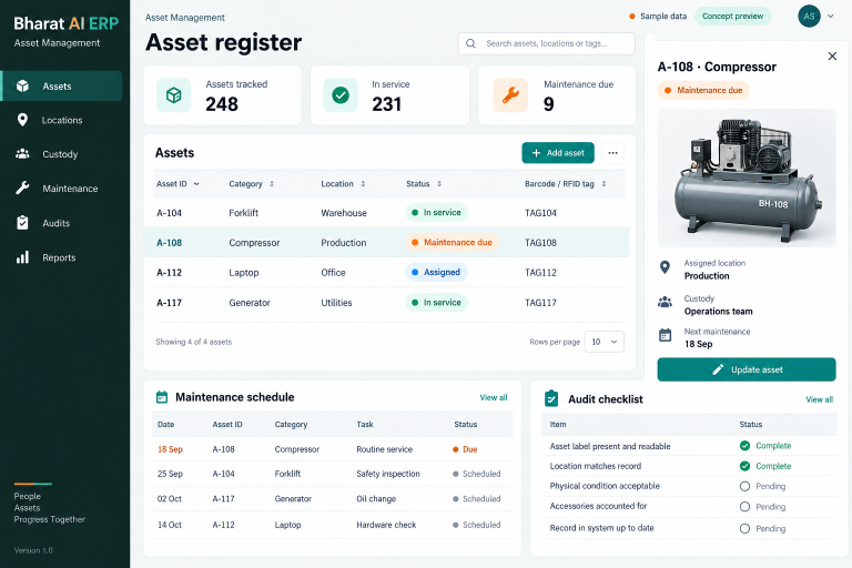 Asset Management concept interface with fictional sample data