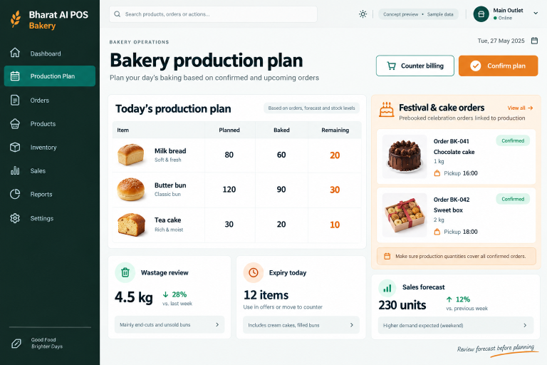 Bakery concept interface with fictional sample data