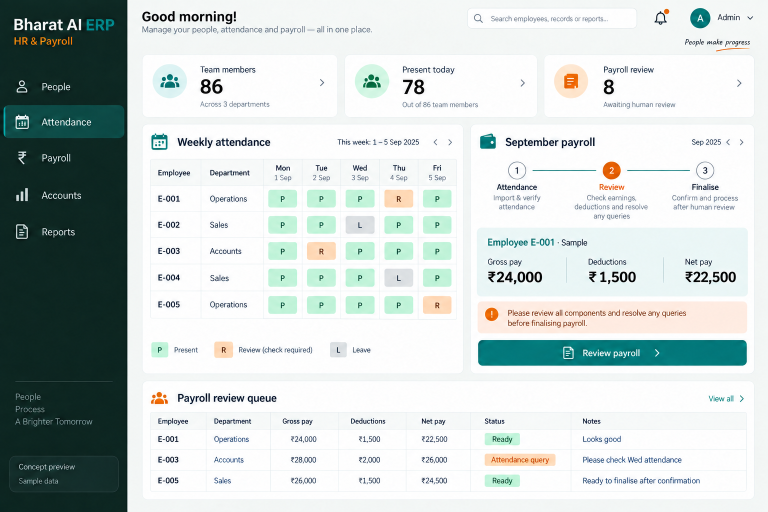 HR & Payroll concept interface with fictional sample data