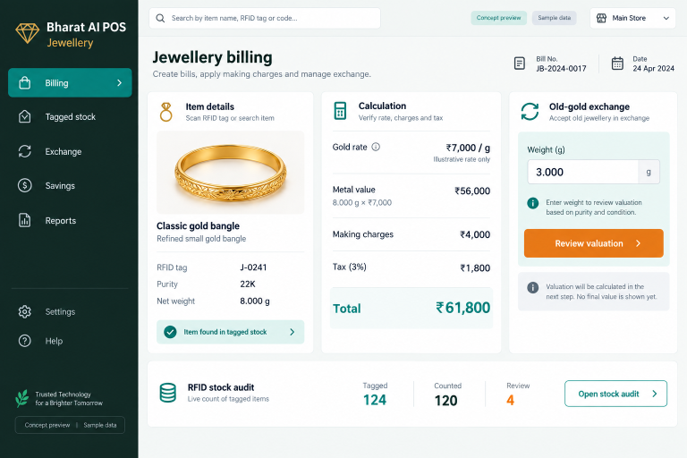 Jewellery concept interface with fictional sample data
