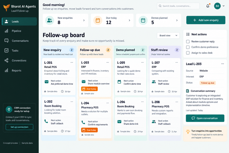 Lead Follow-up concept interface with fictional sample data