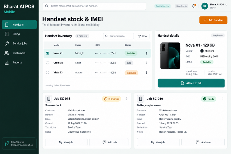 Mobile concept interface with fictional sample data