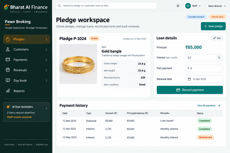 Pawn Broking concept interface with fictional sample data