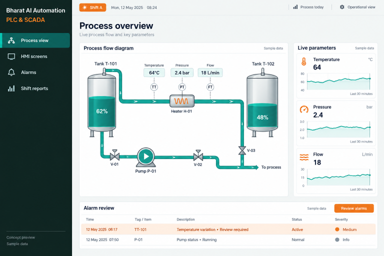 PLC & SCADA concept interface with fictional sample data