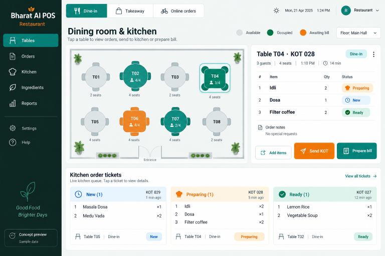 Restaurant concept interface with fictional sample data