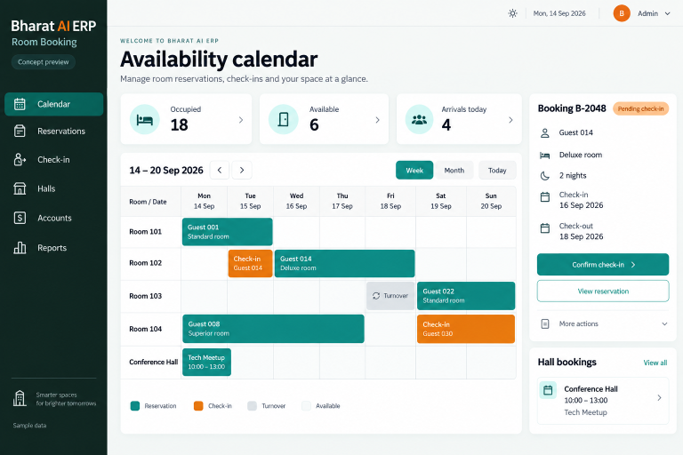 Room Booking concept interface with fictional sample data