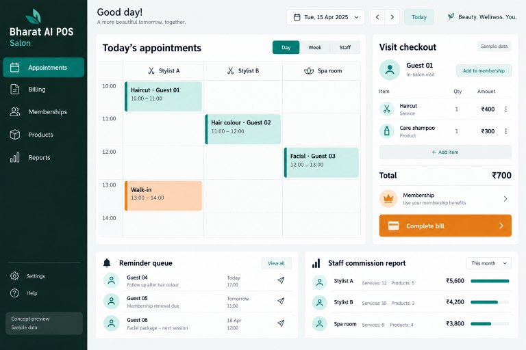 Salon concept interface with fictional sample data