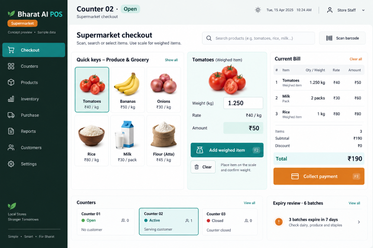 Supermarket concept interface with fictional sample data