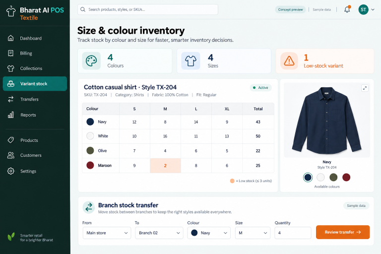 Textile concept interface with fictional sample data