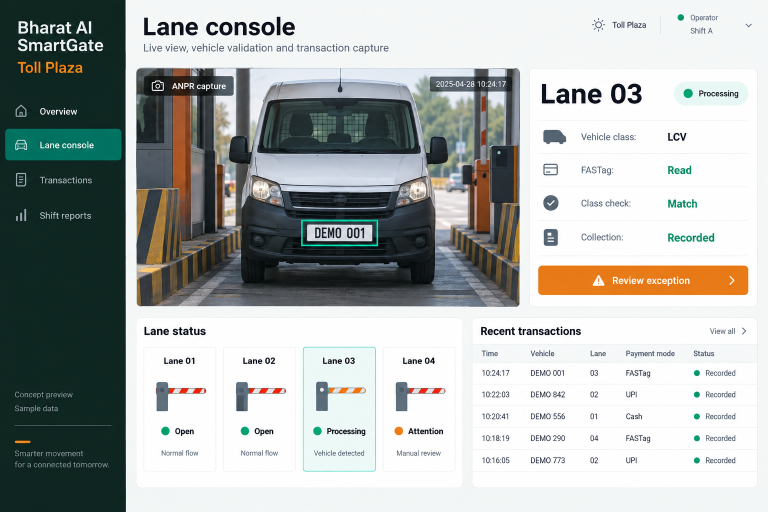 Toll Plaza concept interface with fictional sample data