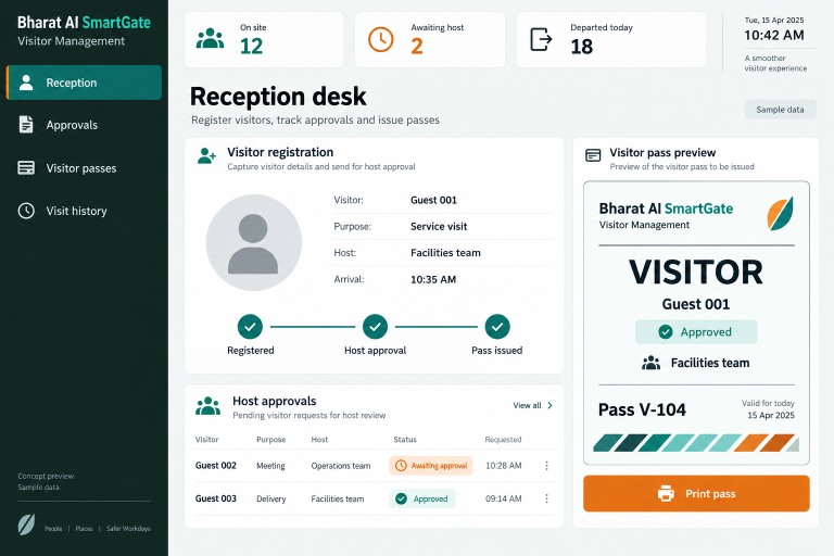 Visitor Management concept interface with fictional sample data