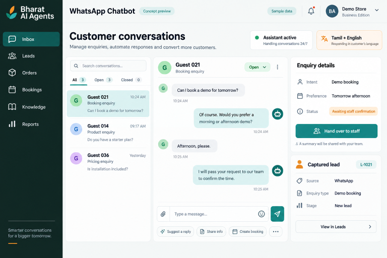 WhatsApp Chatbot concept interface with fictional sample data